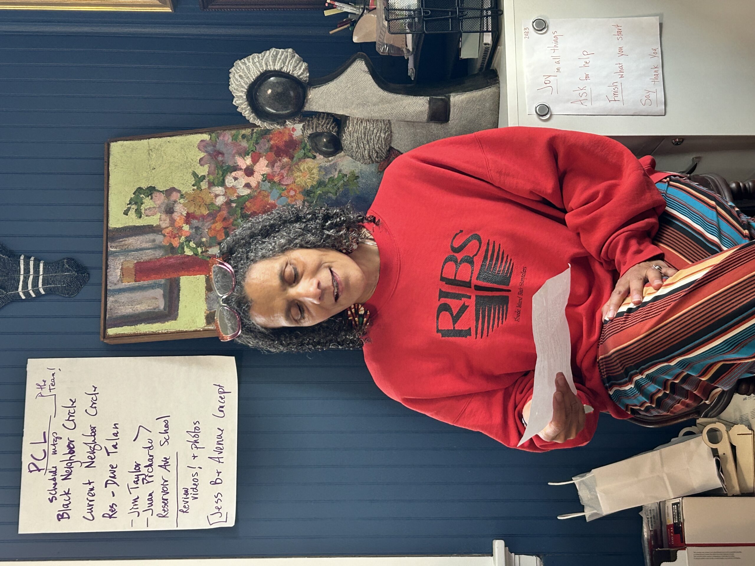 Valerie Tutson in her home studio reading her poem, ‘In conclusion’