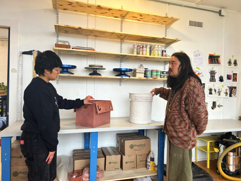 Dana Heng & Moy Chuong in studio with their in-progress planters. Photo by Ruchika Nambiar.