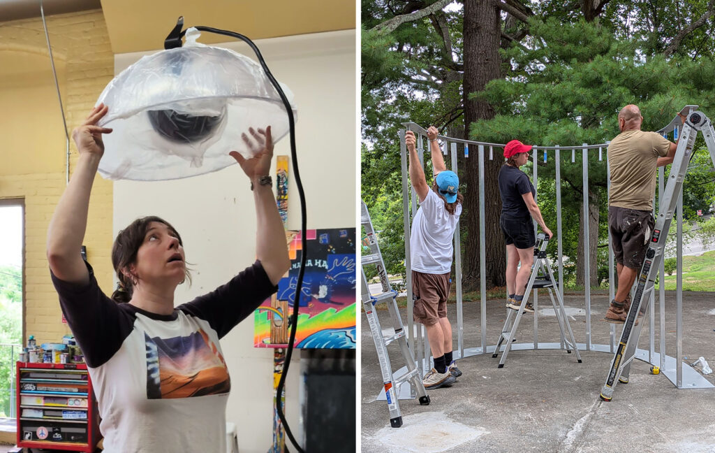 (L) Linsey sharing one of the in-progress components of her final installation. (R) Linsey, along with her collaborators Quinn Corey and Aymar Ccopacatty, installing the structure onsite at Roger Williams Park.
