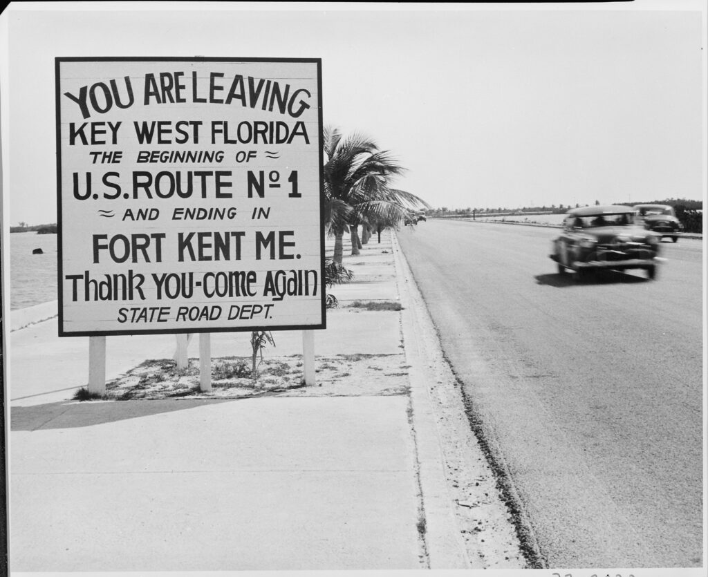 Historic road sign announcing the beginning of US Route 1, Courtesy National Archives